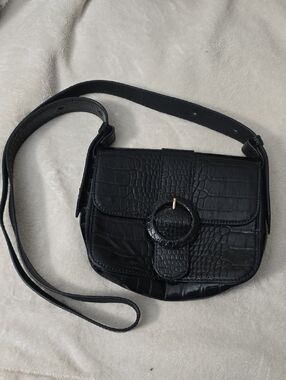 Black Croc-Embossed Crossbody Bag with Buckle Accent